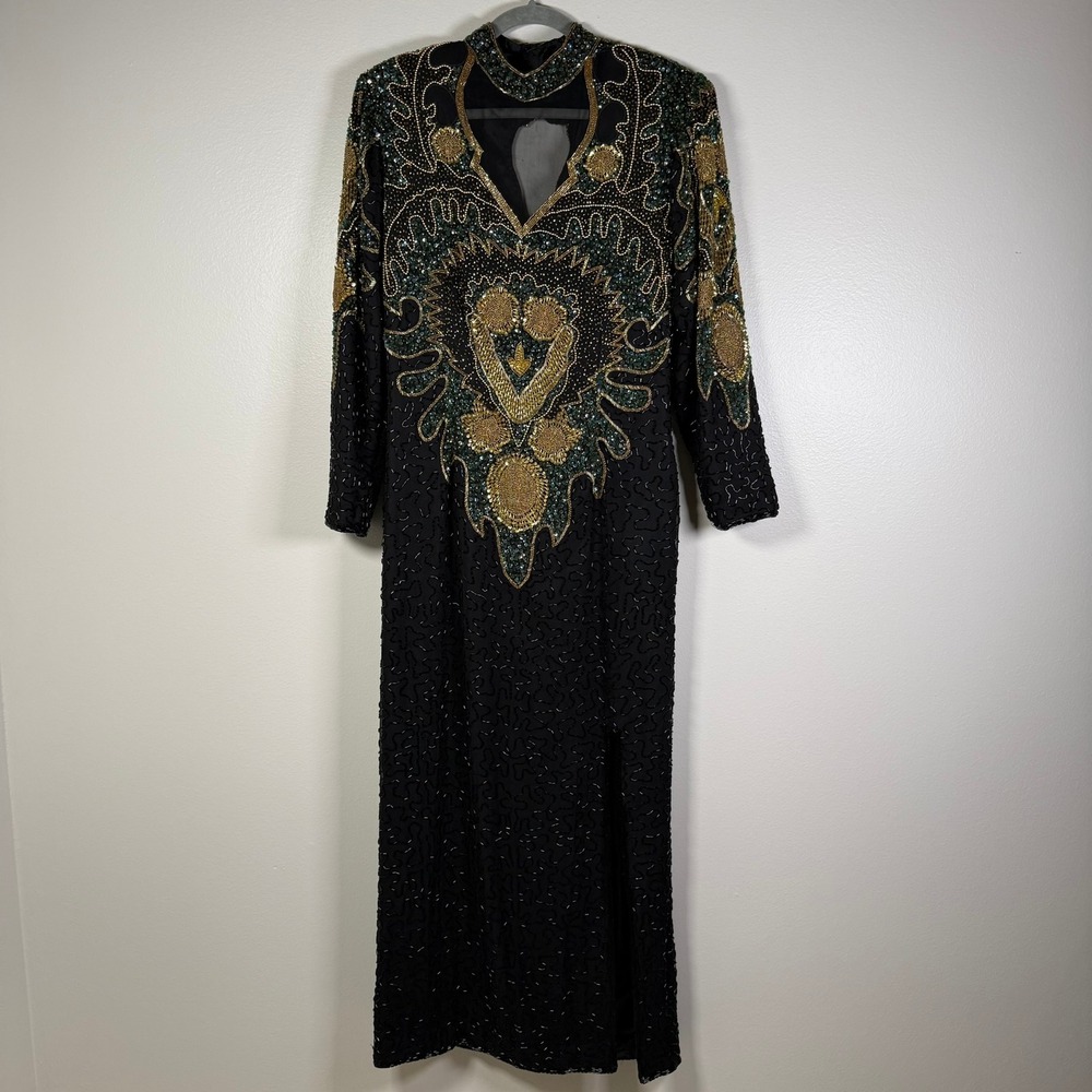 Monika Beaded Silk Maxi Dress Womens 16 Black Green Gold Sequin Vintage Gown